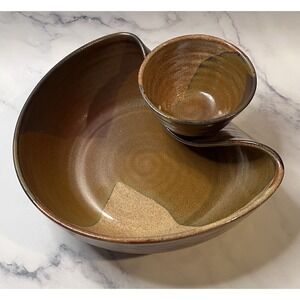 Studio Art Pottery Stoneware Chip Dip 10" Bowl Set Brown Glaze Signed